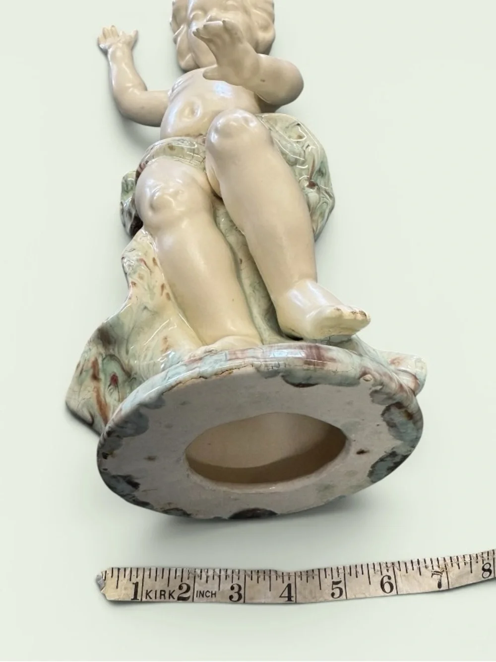 Vintage Cream Ceramic Cherub Figurine with Pale Aqua Drapery 16” x 6”